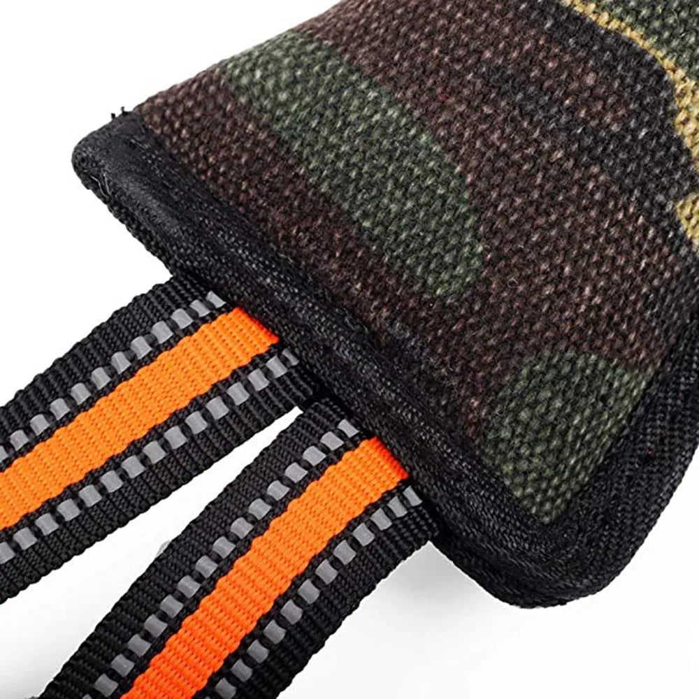 Reflective dog training jute bite stick with yellow edge, 55cm length, on plain background