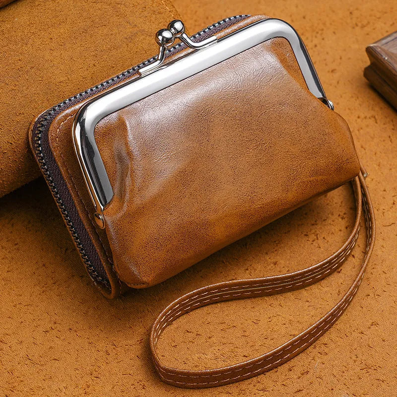 Ladies' buckle coin purse with snap closure and clip in black, 4-inch size, compact leather wallet for coins