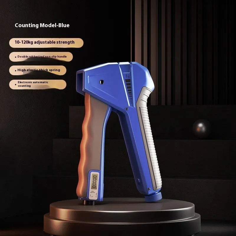 Adjustable hand grip strengthener with mechanical counter shown in orange, set to a mid-level resistance.