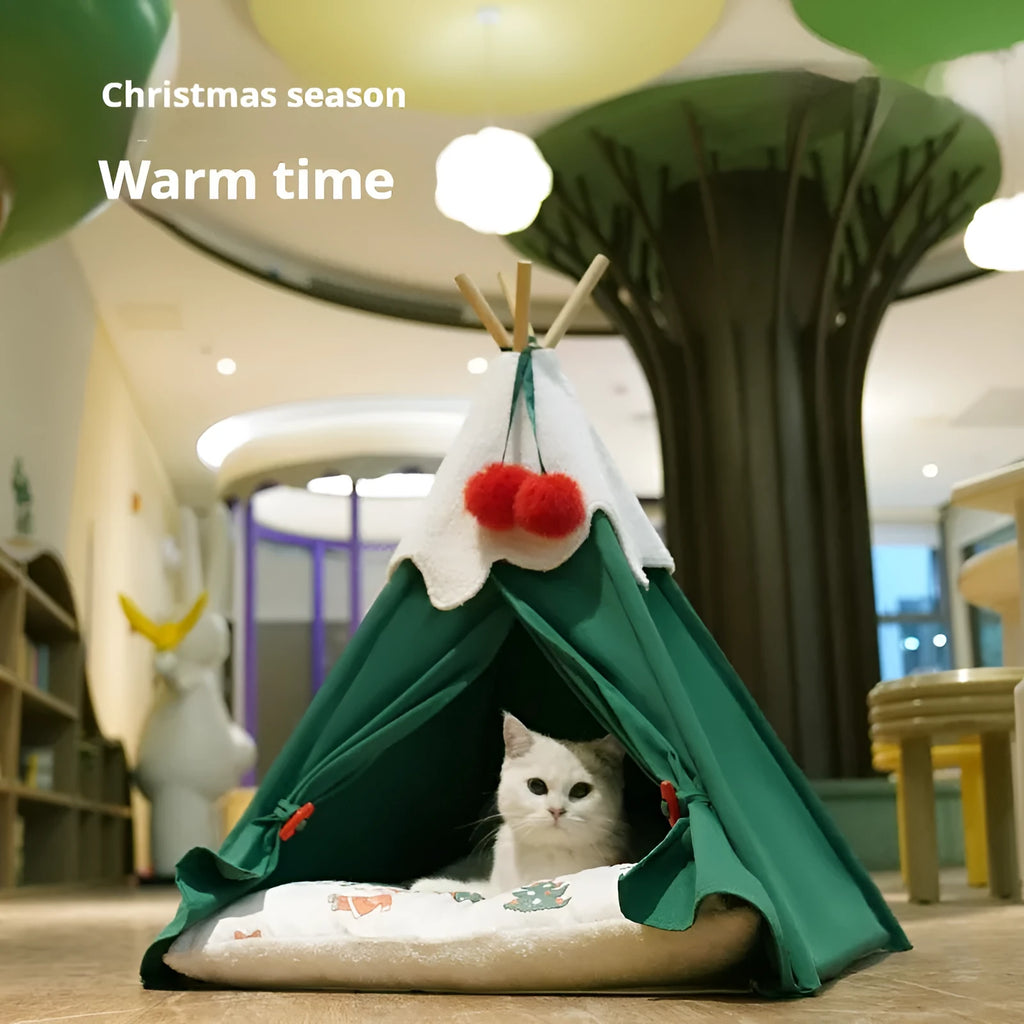 Winter warm semi-closed cat house deep sleep bed thickened cloth brown mat 50x50x68cm