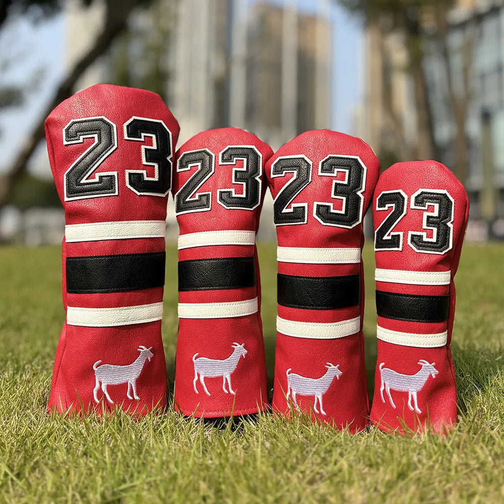 RAM golf club head cover set with four PU sleeves in yellow for woods and a putter.