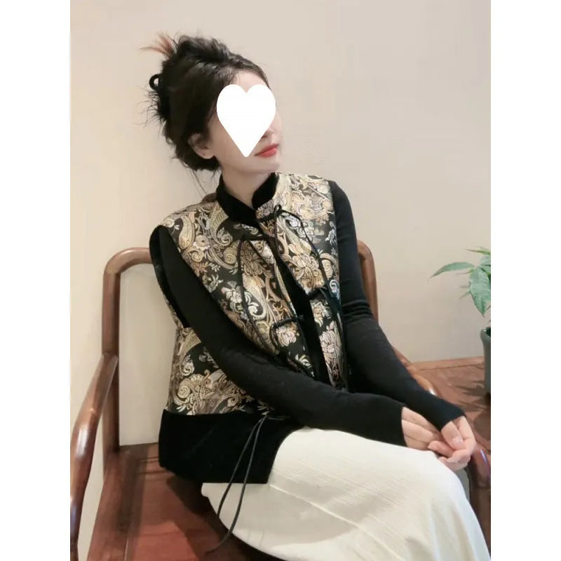Women's Tang Suit retro vest with plant and flower pattern and button front cardigan style in picture colour