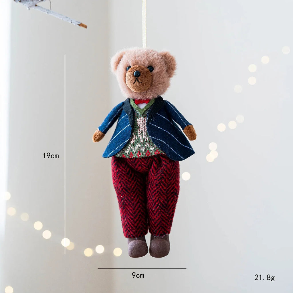 Gentleman bear and princess bear plush doll couple in cotton plaid fabric cartoon style