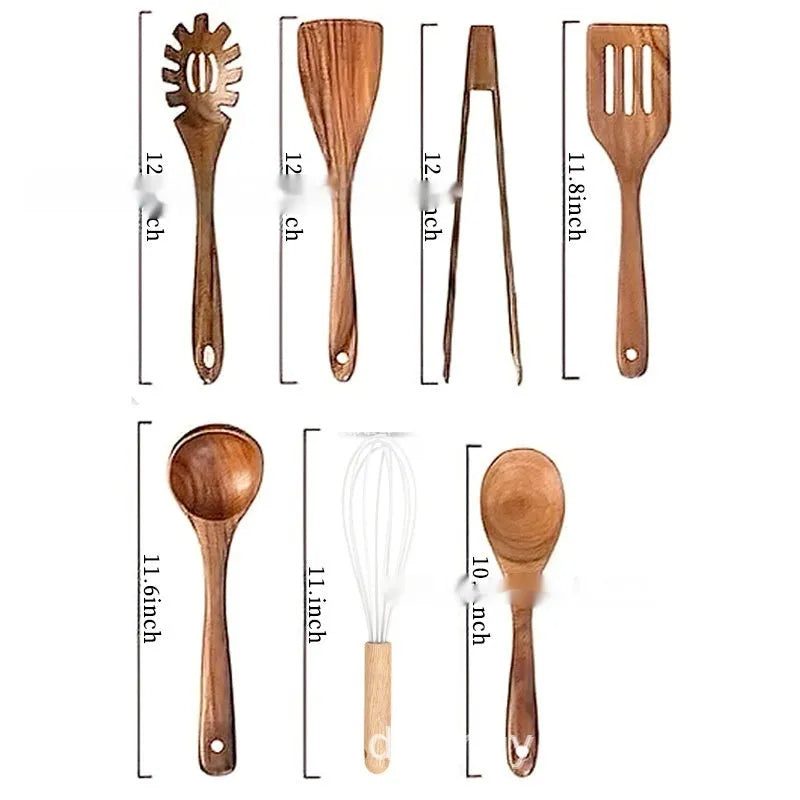 Seven-piece wooden kitchen utensil set with spoons and spatulas