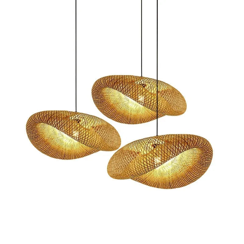 Bamboo woven hanging lamp with straw hat shape in natural rattan material