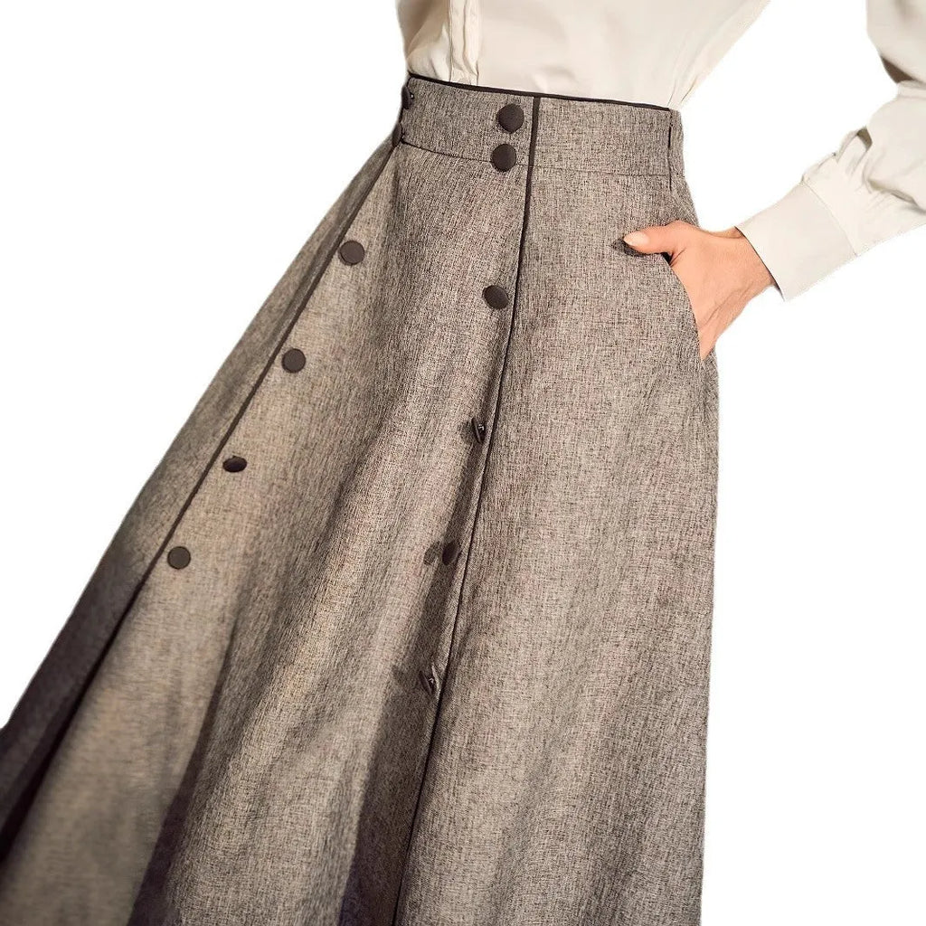 High-waisted slim A-line skirt for women in khaki with three-dimensional decoration, mid-length cut