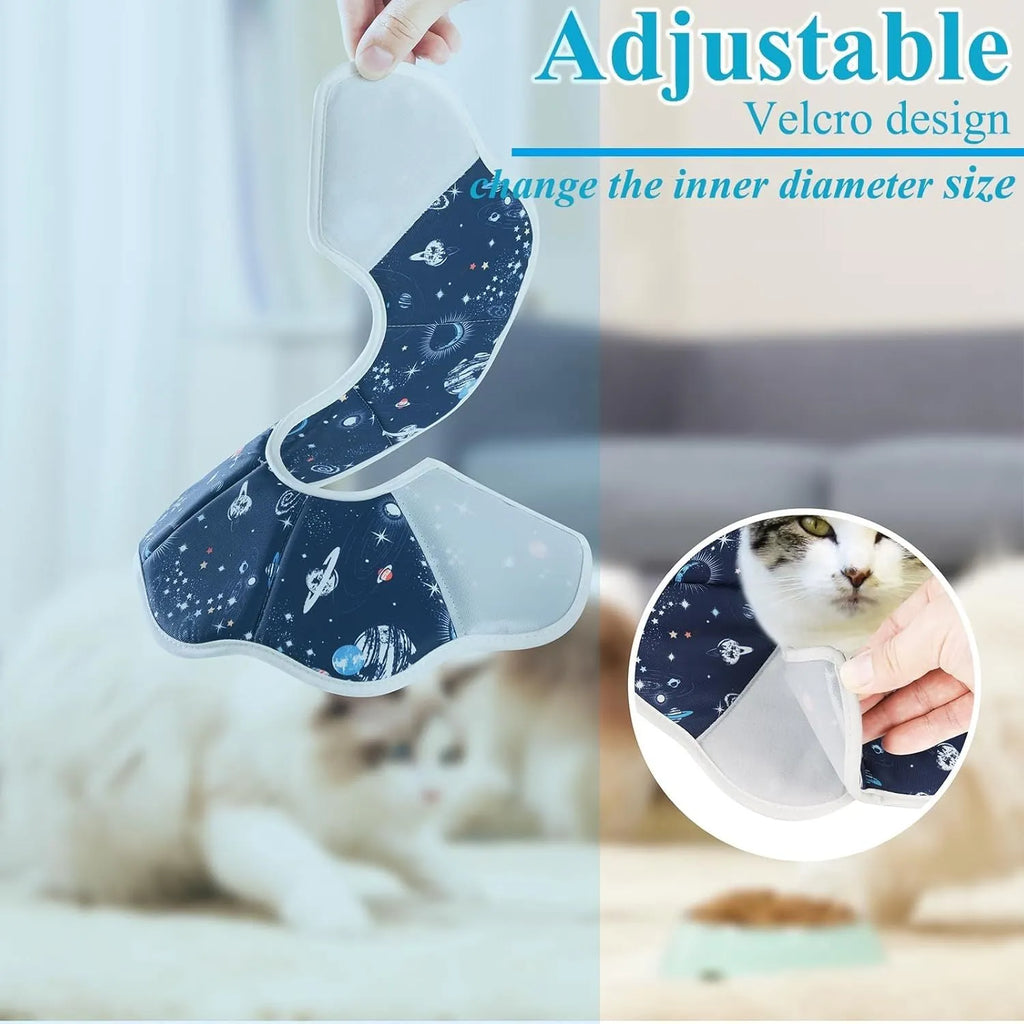 Soft cat recovery cone collar in Planet colour on a small cat, adjustable strap, breathable fabric design