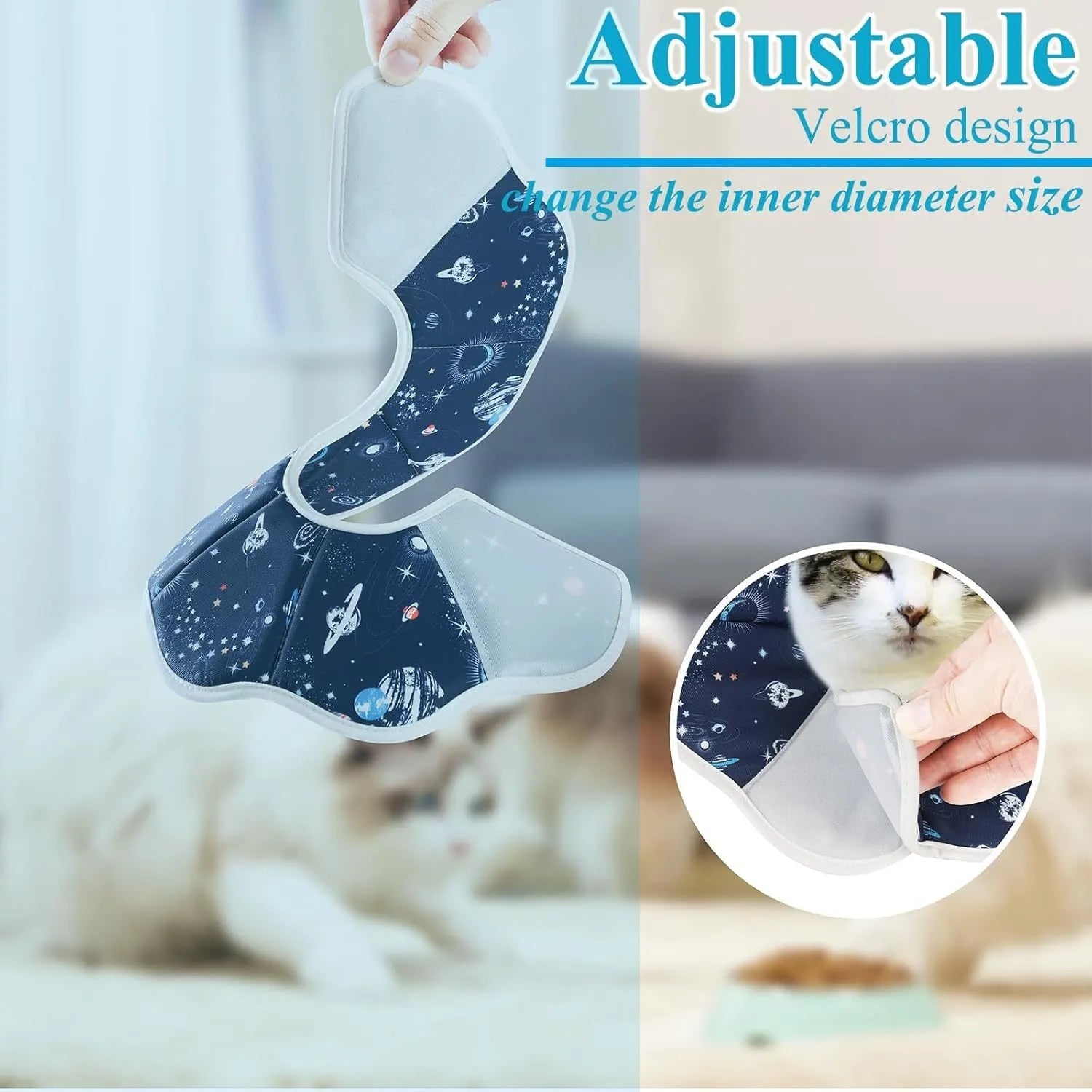 Soft cat recovery cone collar in Planet colour on a small cat, adjustable strap, breathable fabric design