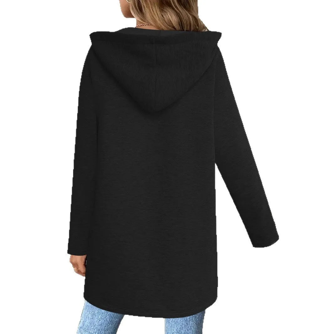 Women's loose casual mid-length cardigan coat in black with side pockets on a model