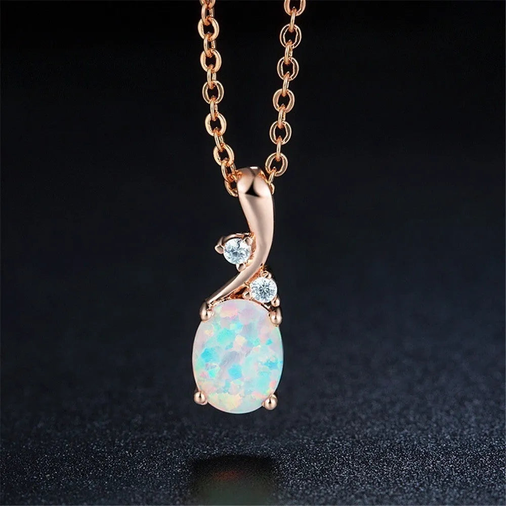 Water drop shaped opal pendant necklace on adjustable O-shaped alloy chain in rose gold finish