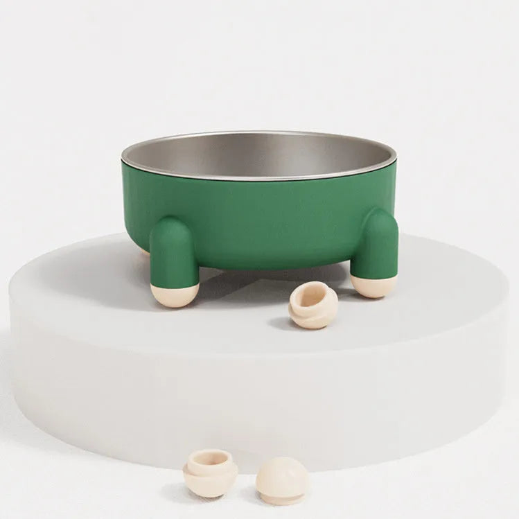Green non-slip stainless steel raised pet bowl with anti-overturn base for dogs and cats.