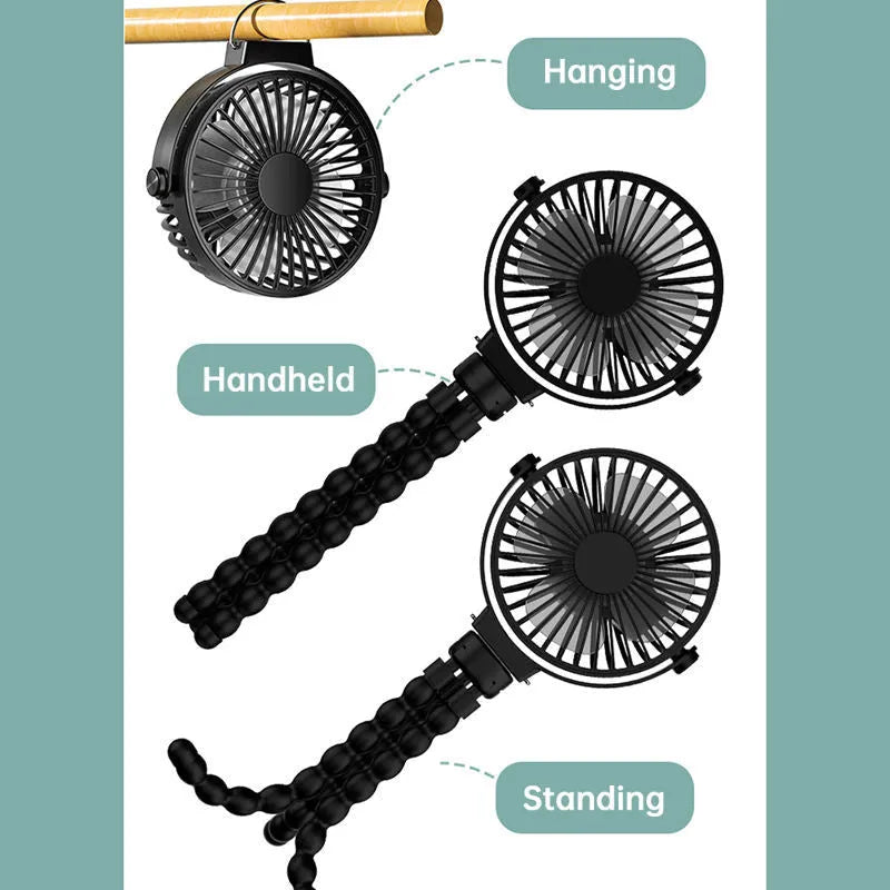 Battery operated octopus fan with flexible tripod legs, black, 2000mAh rechargeable, three speed settings