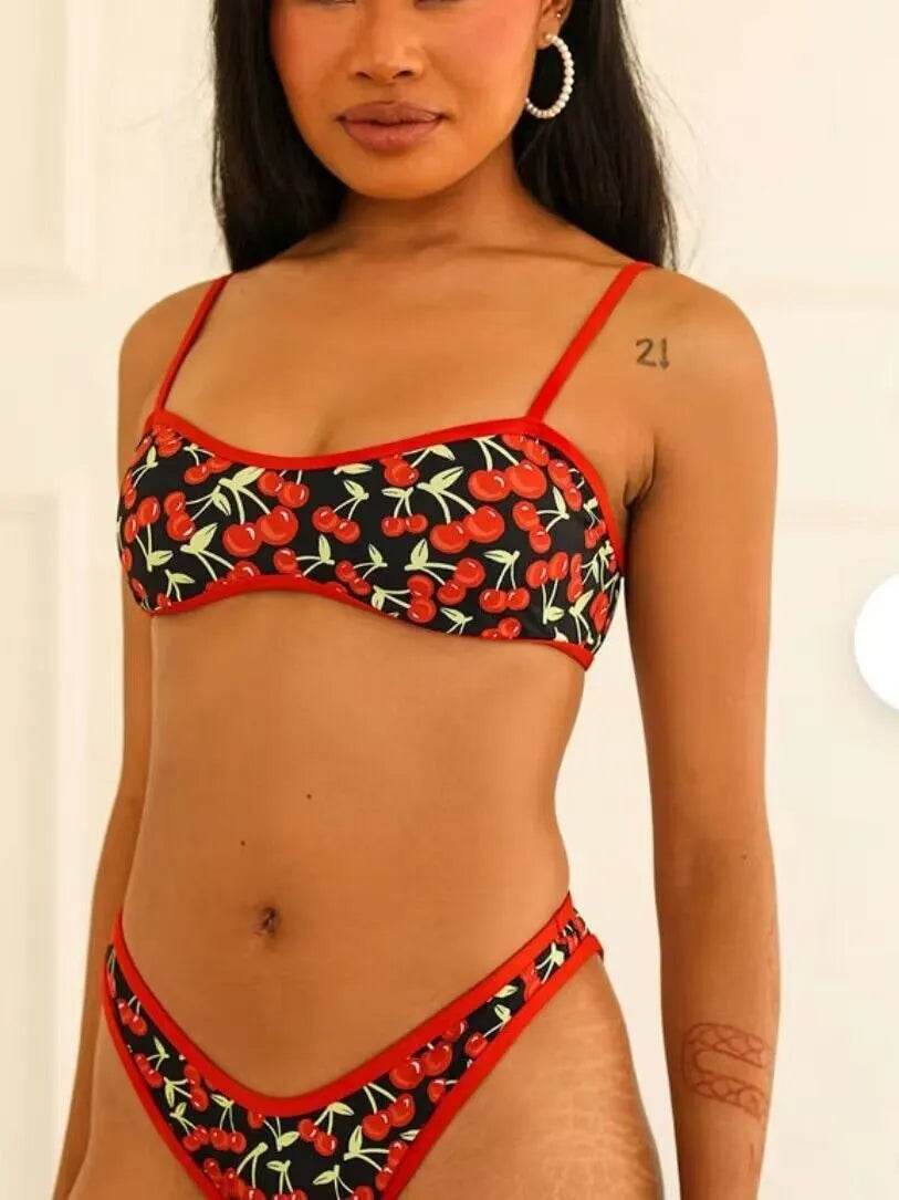 Cherry print tube top bikini swimsuit for women in polyester with floral pattern, front view