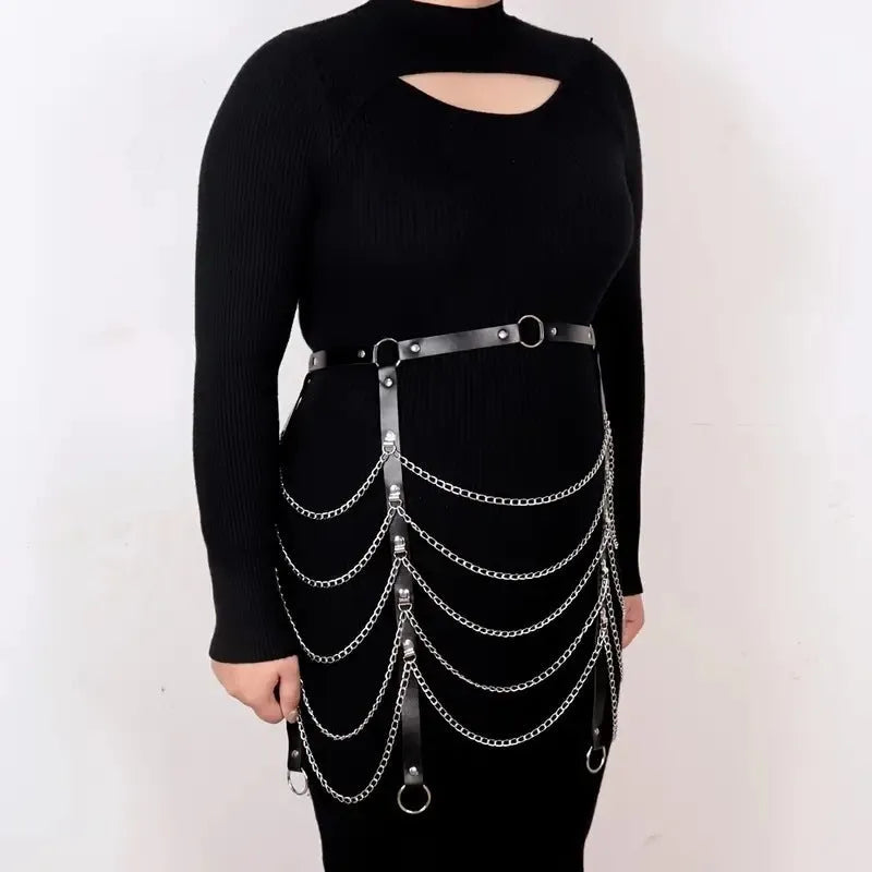 Black PU leather waist chain for women, bandage binding clothing ornament, waist accessory