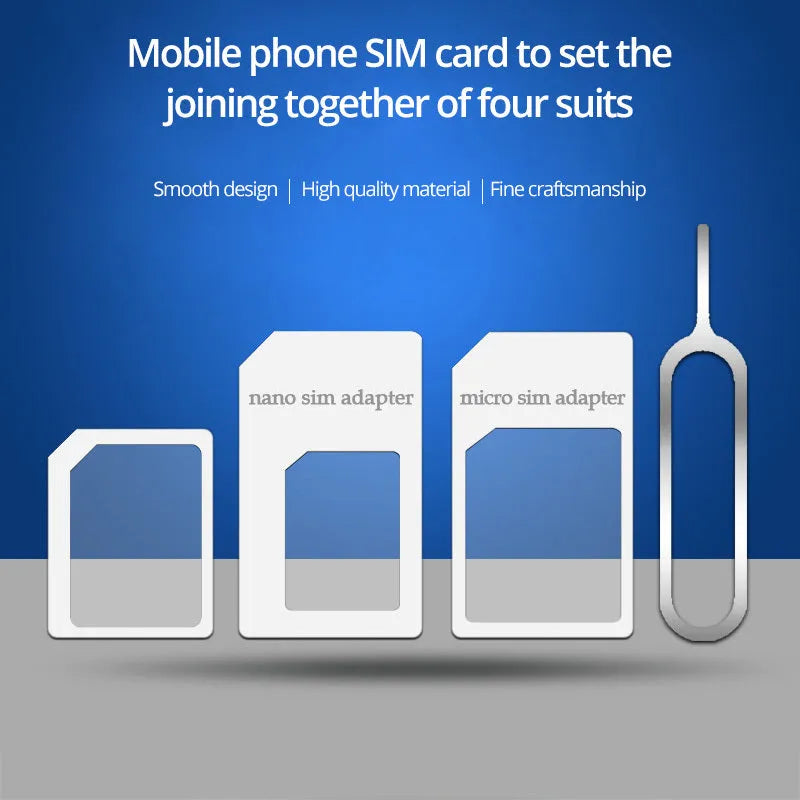 SIM Restore four-in-one adapter set with three SIM cards and metal picking pin in black and white