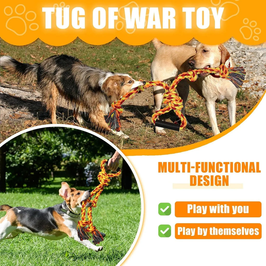 Blue and yellow heavy-duty cotton rope dog toy with ergonomic handle for tug-of-war