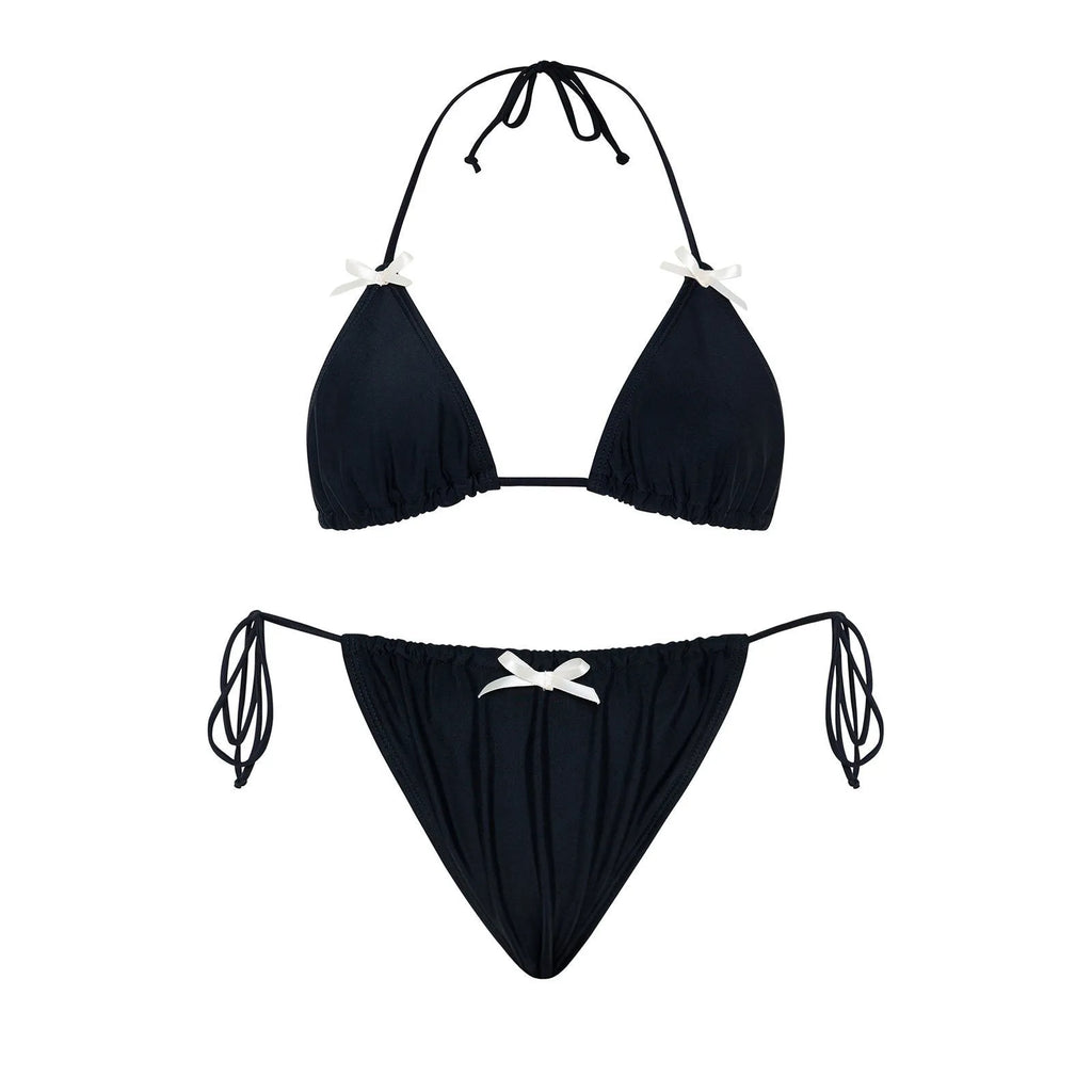 Solid colour women's bikini swimsuit with bow tie top, backless briefs, available in black, milky white, wine red, light pink, leather pink