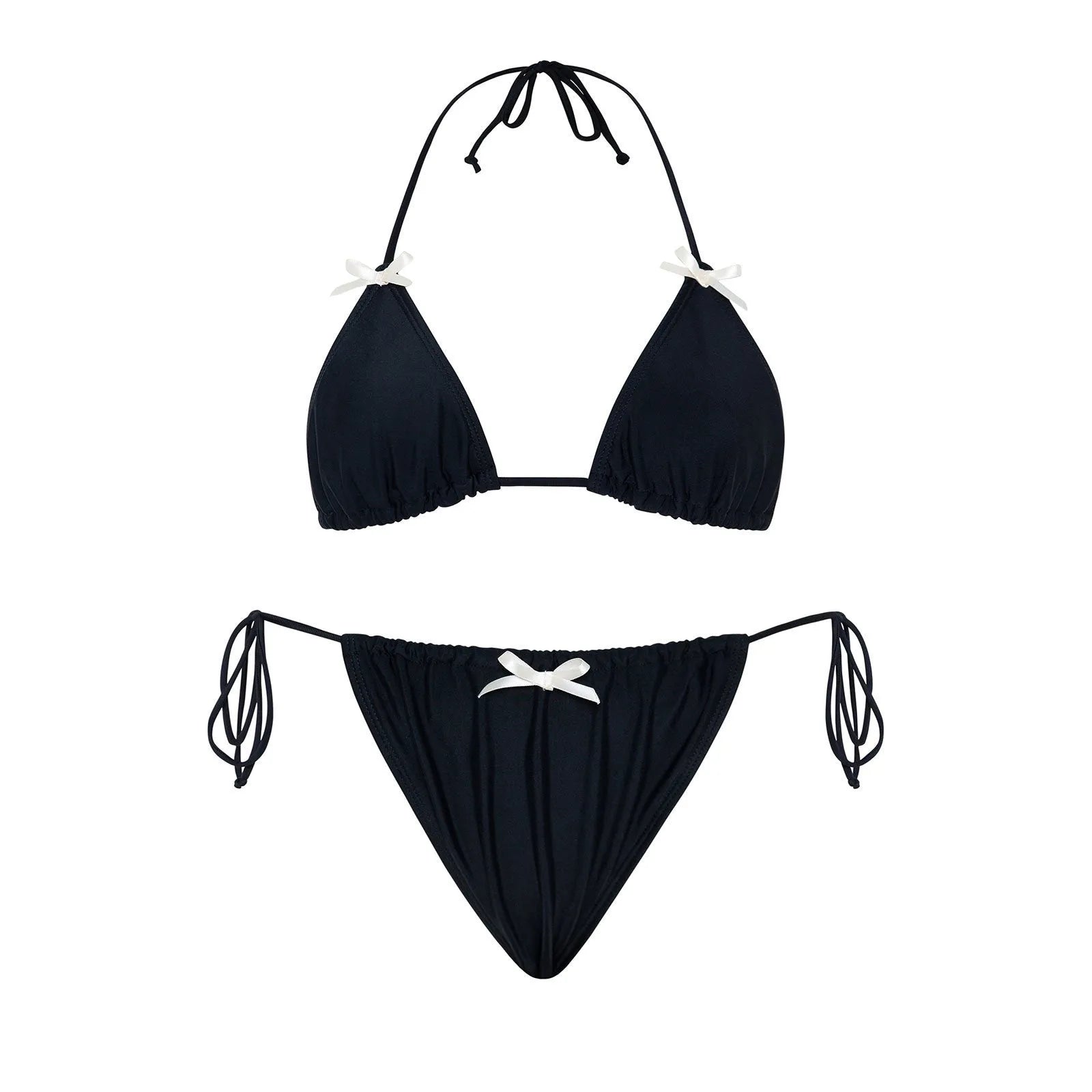 Solid colour women's bikini swimsuit with bow tie top, backless briefs, available in black, milky white, wine red, light pink, leather pink