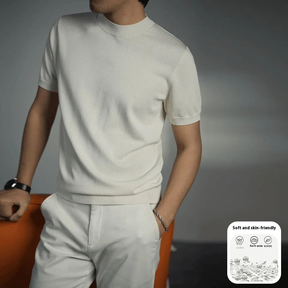 Men's knitted T-shirt in chemical fibre blend fabric with round neck and short sleeves in business gentleman style