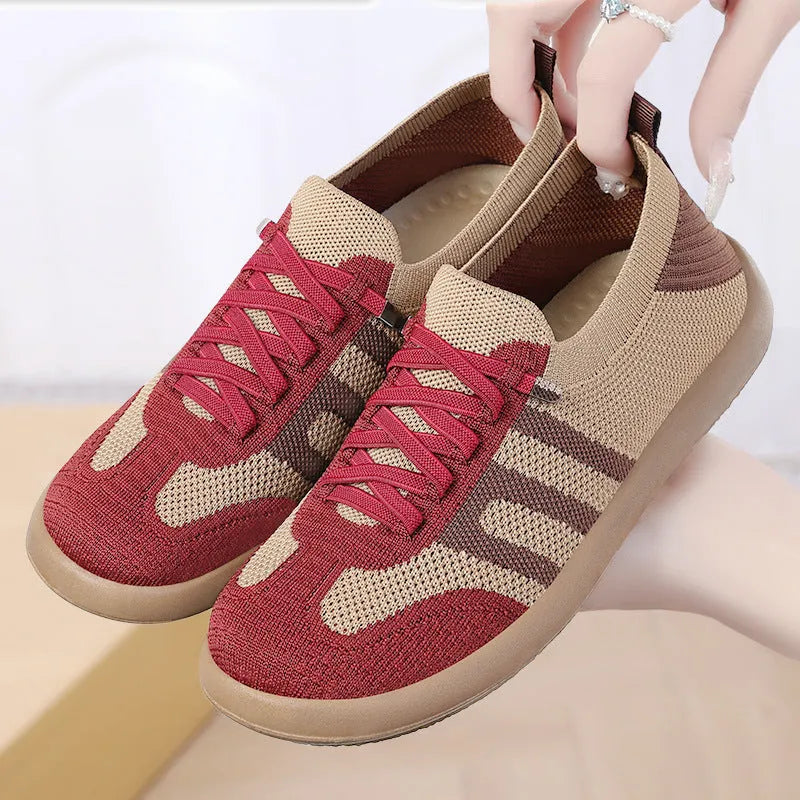 Retro German training shoes in camel with flyknit upper, polyurethane sole, and front lace-up closure