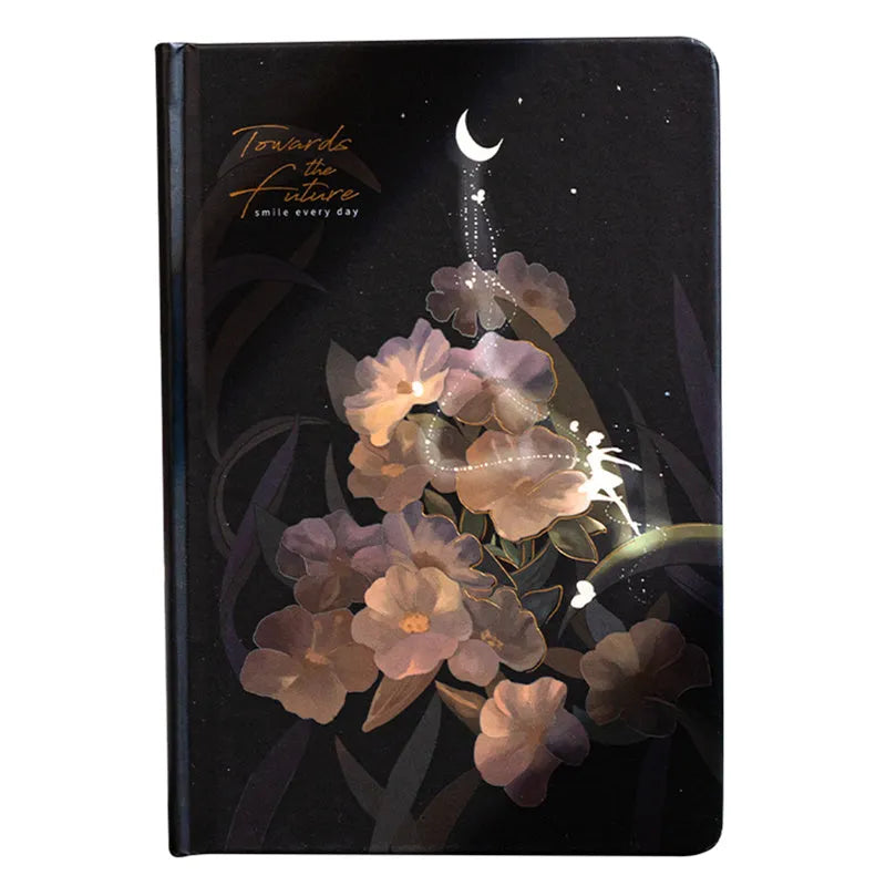 A5 notebook with luminous colourful illustration cover shown in deep blue, gold, light blue, and purple colour options.