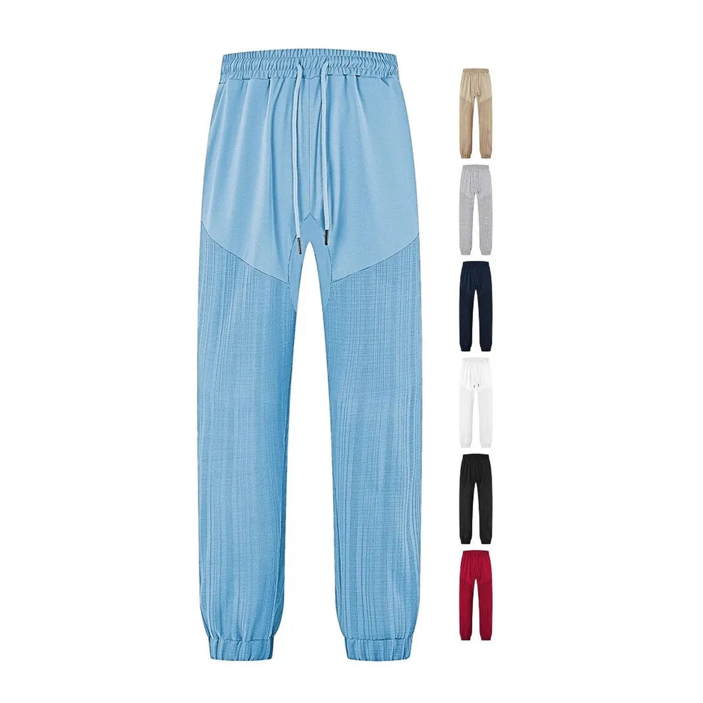 Simple loose thin linen-style sporty drawstring patchwork men's sweatpants in khaki