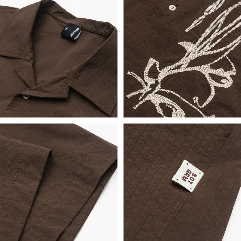 Brown striped waterproof outdoor shirt with Cuban collar for camping
