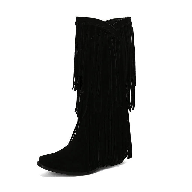 Women's suede high boots with tassels, a chunky heel, and a waterproof platform in beige.