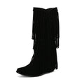 Women's suede high boots with tassels, a chunky heel, and a waterproof platform in beige.