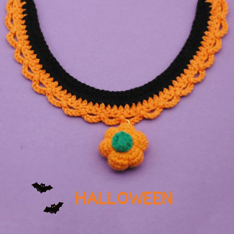 Hand crocheted wool pet collar in Bell Pumpkin colour on a cat, adjustable size for Halloween