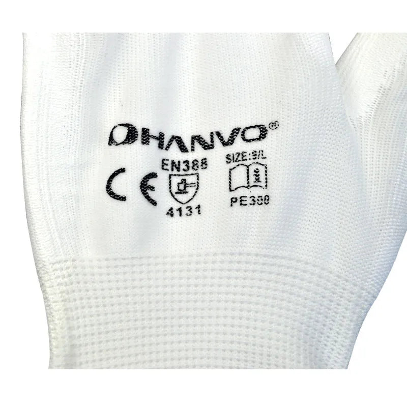 White PU coated labour gloves showing palm grip texture and 24 cm length.