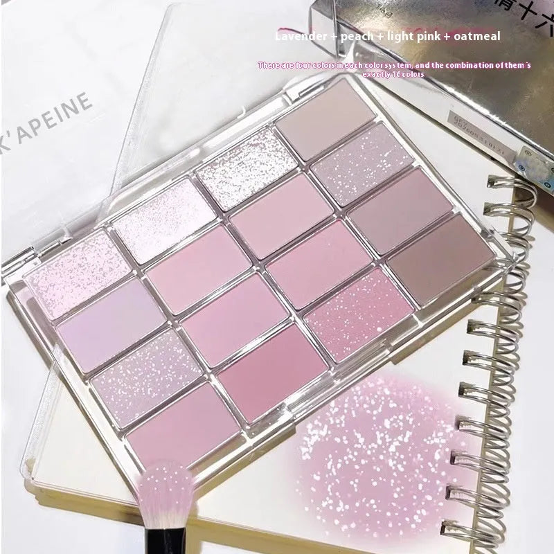 16 colour eyeshadow plate with shimmer and matte finishes in pink and brown shades