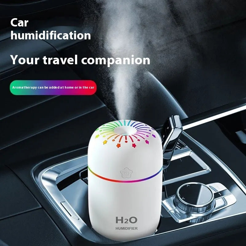 White USB mini humidifier with 300ml water tank on a desk next to a laptop