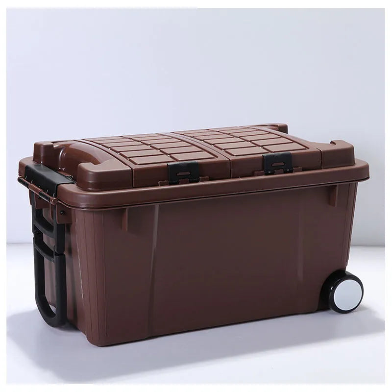 Large high-strength plastic storage box with pull rod, 55L capacity, thickened PP, available in vibrant orange colour