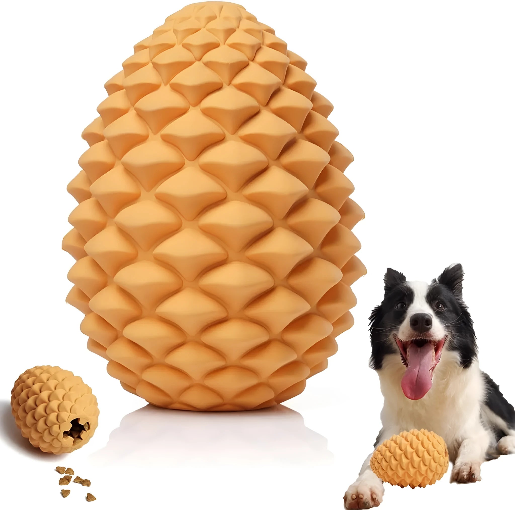 Yellow pine cone shaped dog chew toy with textured surface and treat dispensing hole
