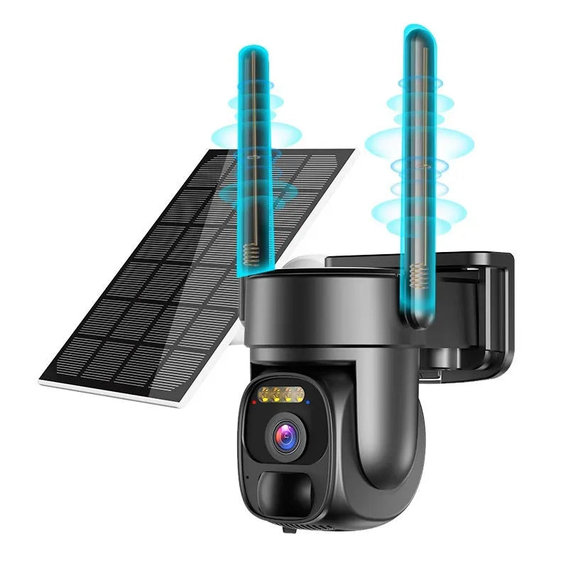 Wireless solar security camera with HD night vision and 355 degree rotation mounted outdoors