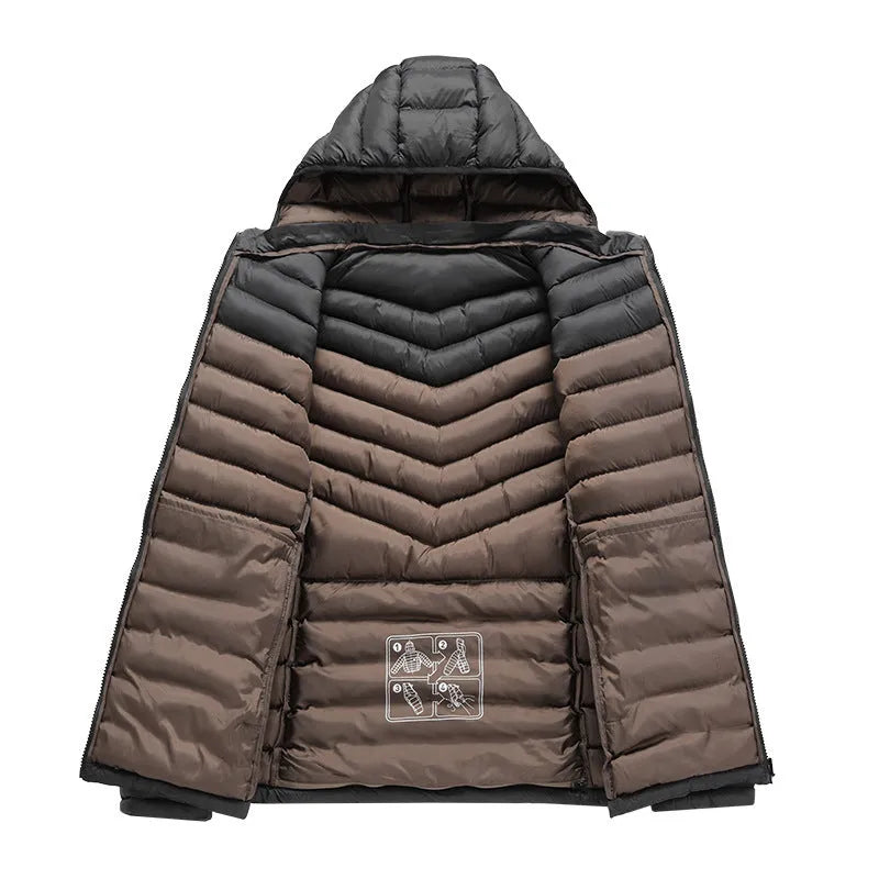 Men's lightweight hooded down jacket in army green with a detachable collar and front zipper.