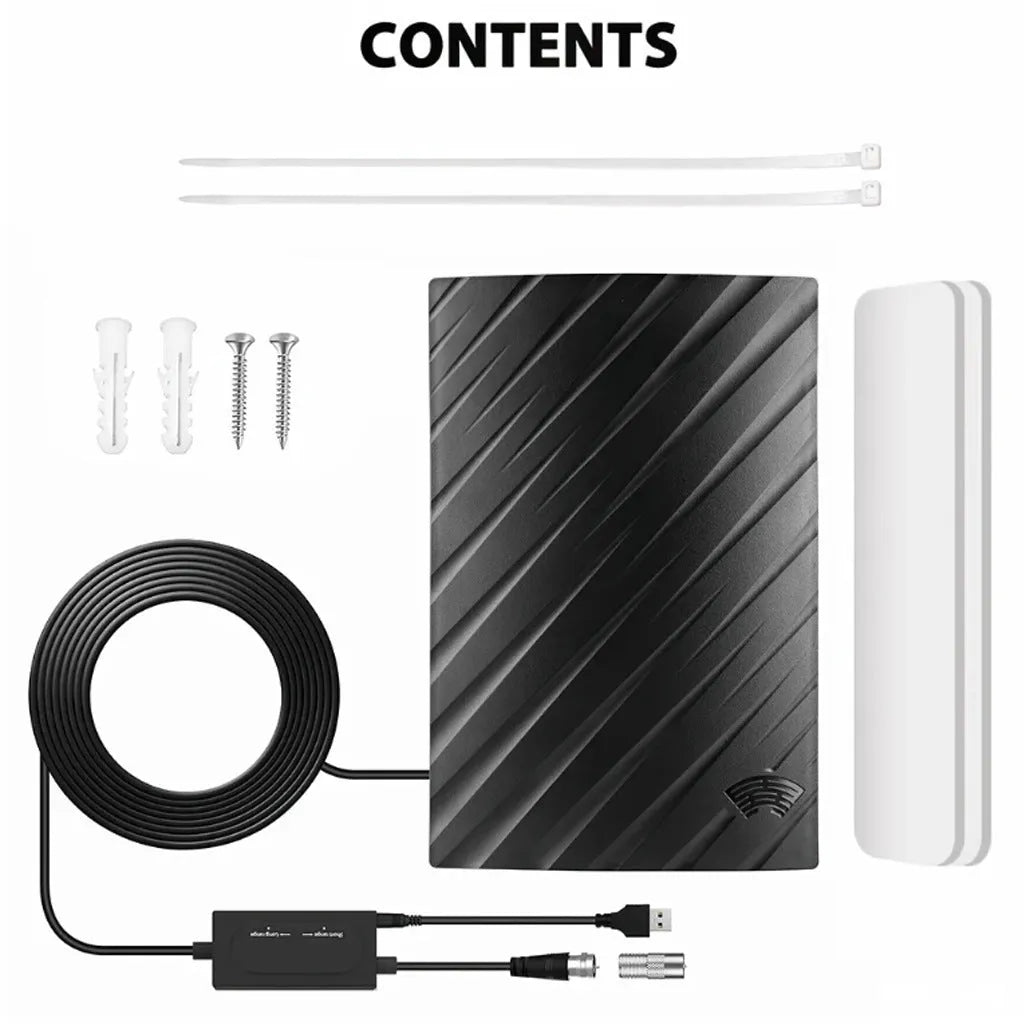 Black plastic digital television antenna with mounting hardware including expansion tubes, screws, and cable ties