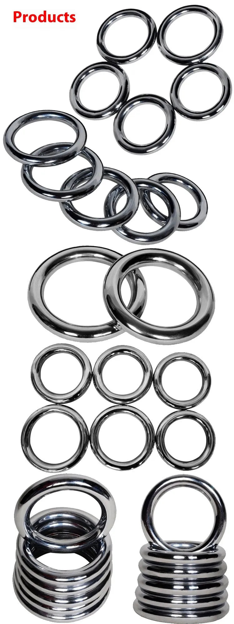 Iron Arm Skill Wing Chun carbon steel training ring shown in three sizes.