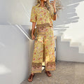 Bohemian print viscose short sleeve top and long pants set in contrast colours for women