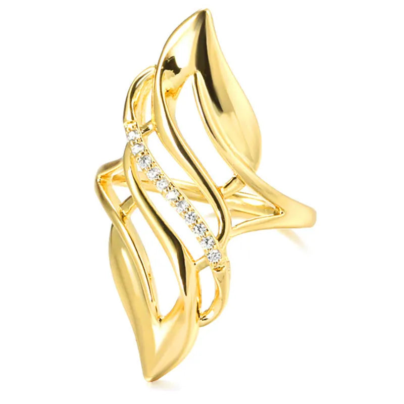 Gold copper casual curve ring for women with zircon decoration on white background