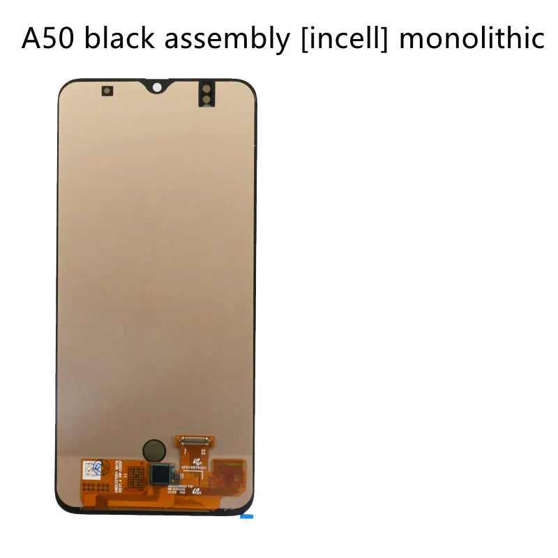 Black replacement LCD screen for Samsung Galaxy A50 and A50S in OLED or in-cell construction.
