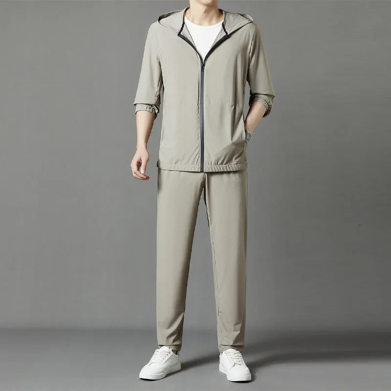 Korean sun-protective hooded suit in blue, loose casual style for youth, with top stitching slit pockets