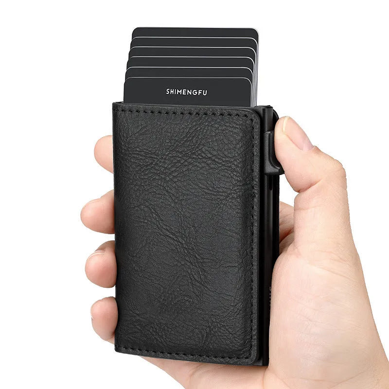 Pop-up aluminum alloy card wallet in retro style with anti-theft protection, available in multiple colours