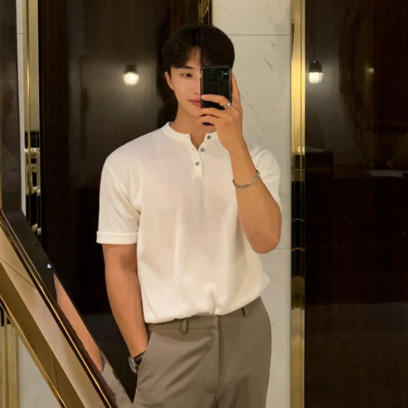 Men's slim-fit short-sleeved ice silk knitted shirt in black on a hanger.