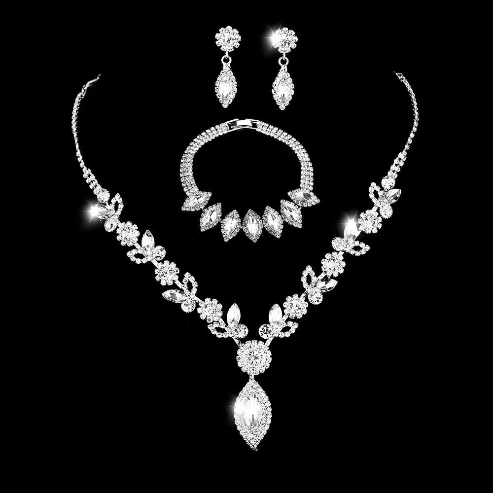 Bridal white crystal floral jewelry set on copper with electroplated finish