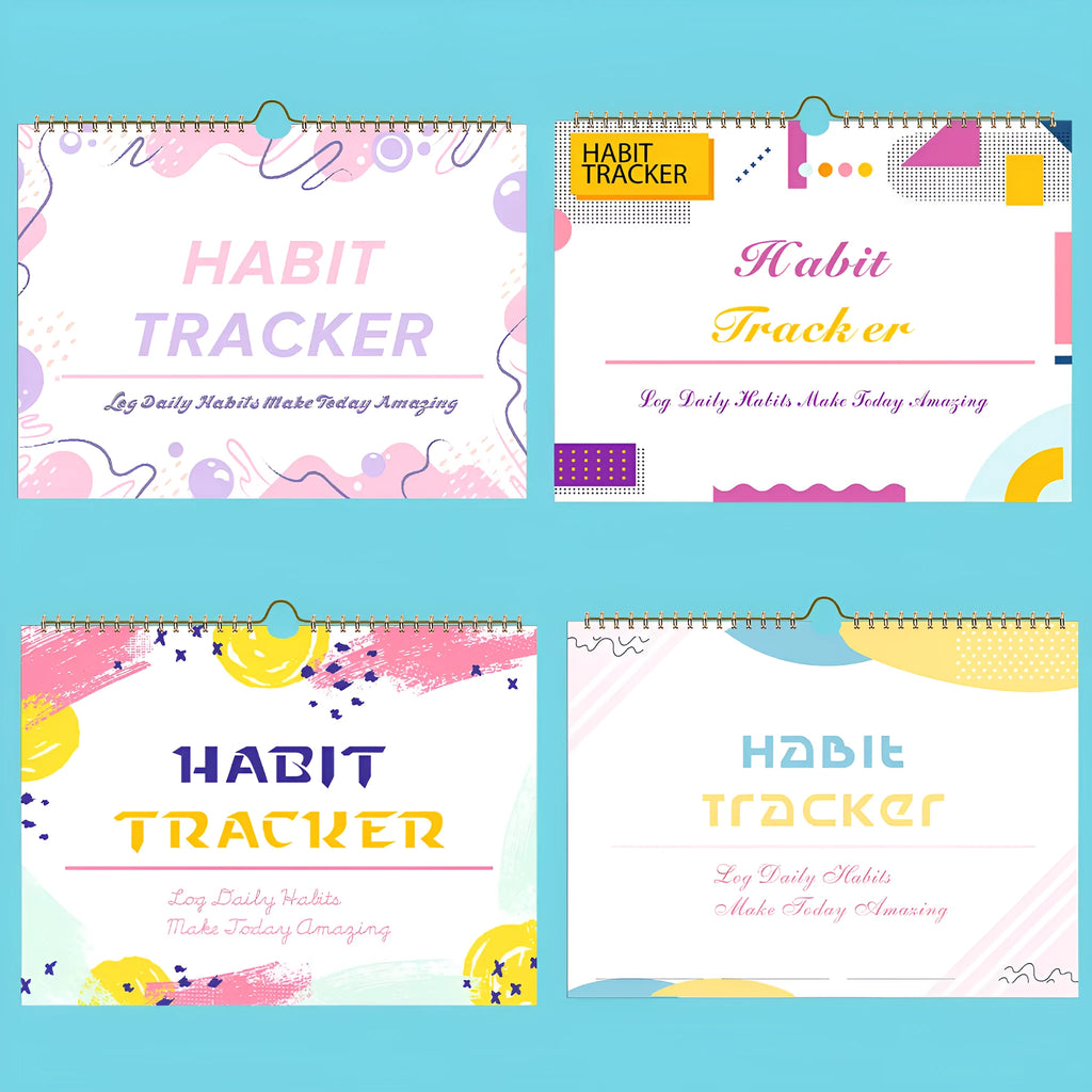 English habit tracking journal with 12 pages in 21cm by 28cm size, showing four colour options