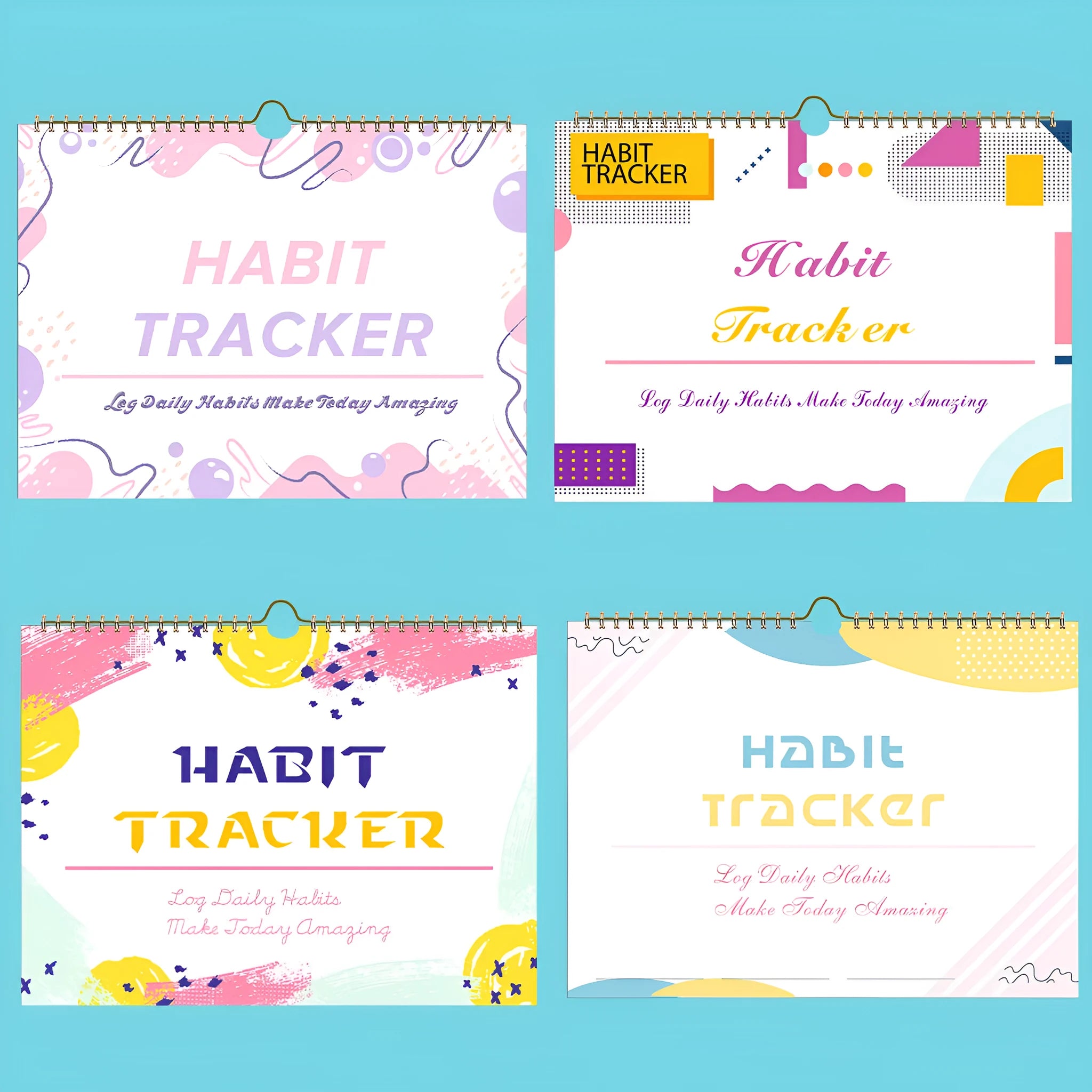 English habit tracking journal with 12 pages in 21cm by 28cm size, showing four colour options