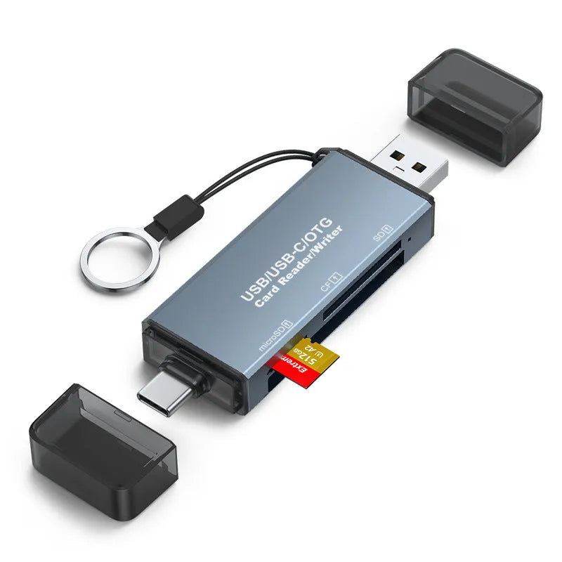 Compact aluminium alloy CF SD TF three-in-one USB card reader on a white background
