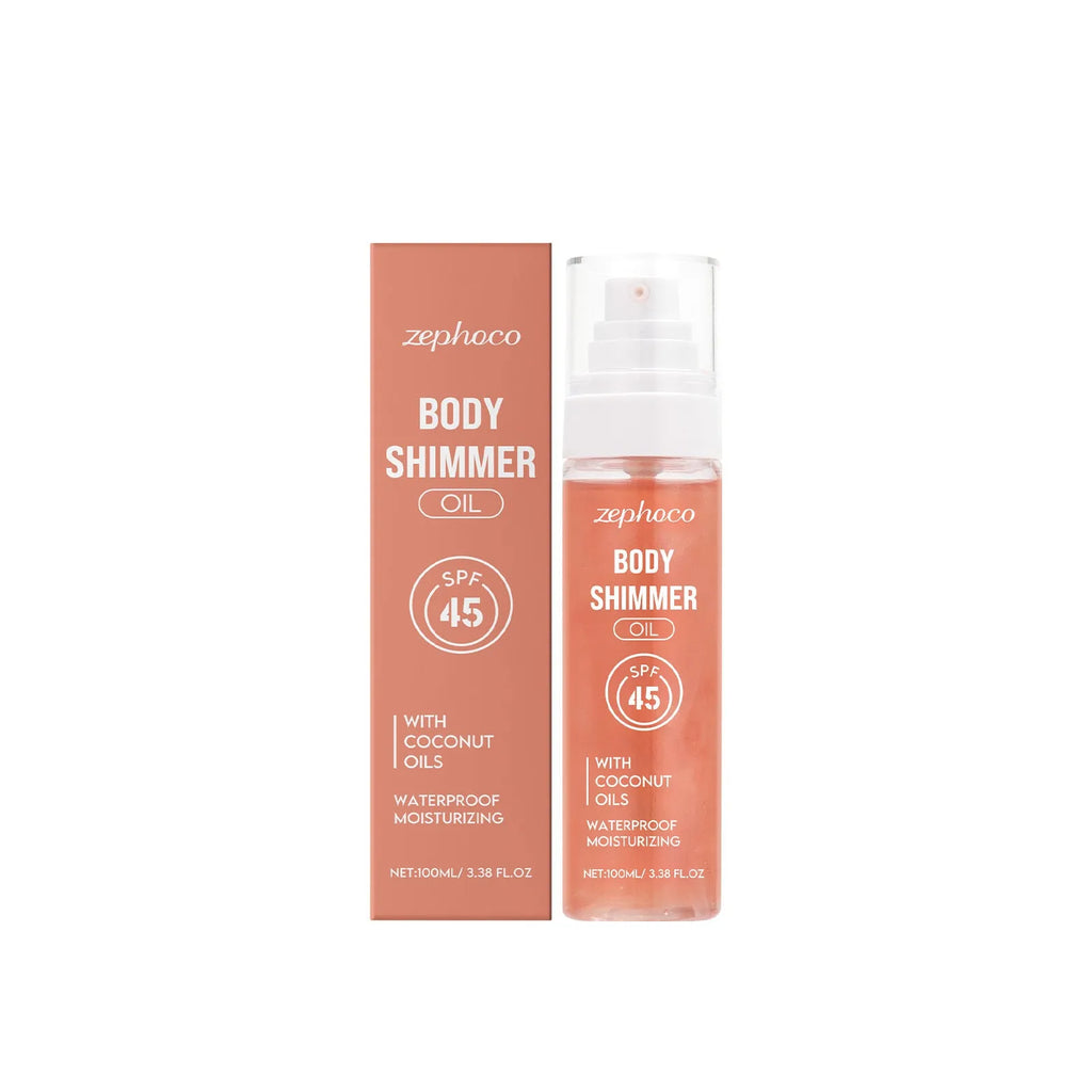 Sun Protection Body Oil 100ml bottle with ingredients including vitamin E, coconut oil, and avocado oil for UV defence and subtle shimmer